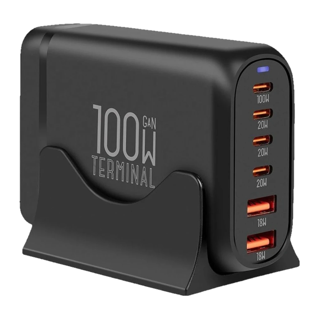 Cargador de escritorio negro GaN 100W con 6 puertos: 4 USB-C y 2 USB-A, luces LED, cuerpo compacto mate y base de soporte estable para organizar cables