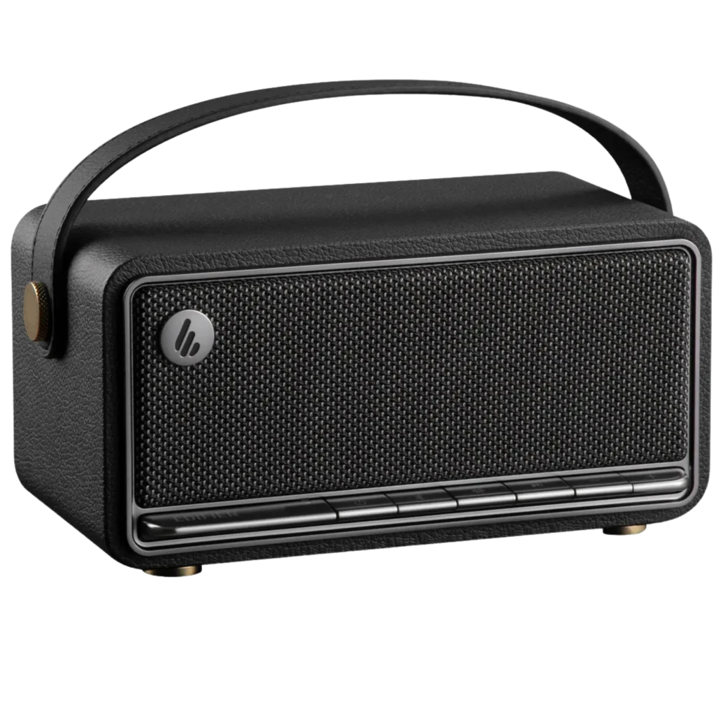 Edifier MP330 40 W Bluetooth marrón con diseño retro en madera, rejilla frontal oscura y asa de cuero; botones inferiores discretos, autonomía 19 h