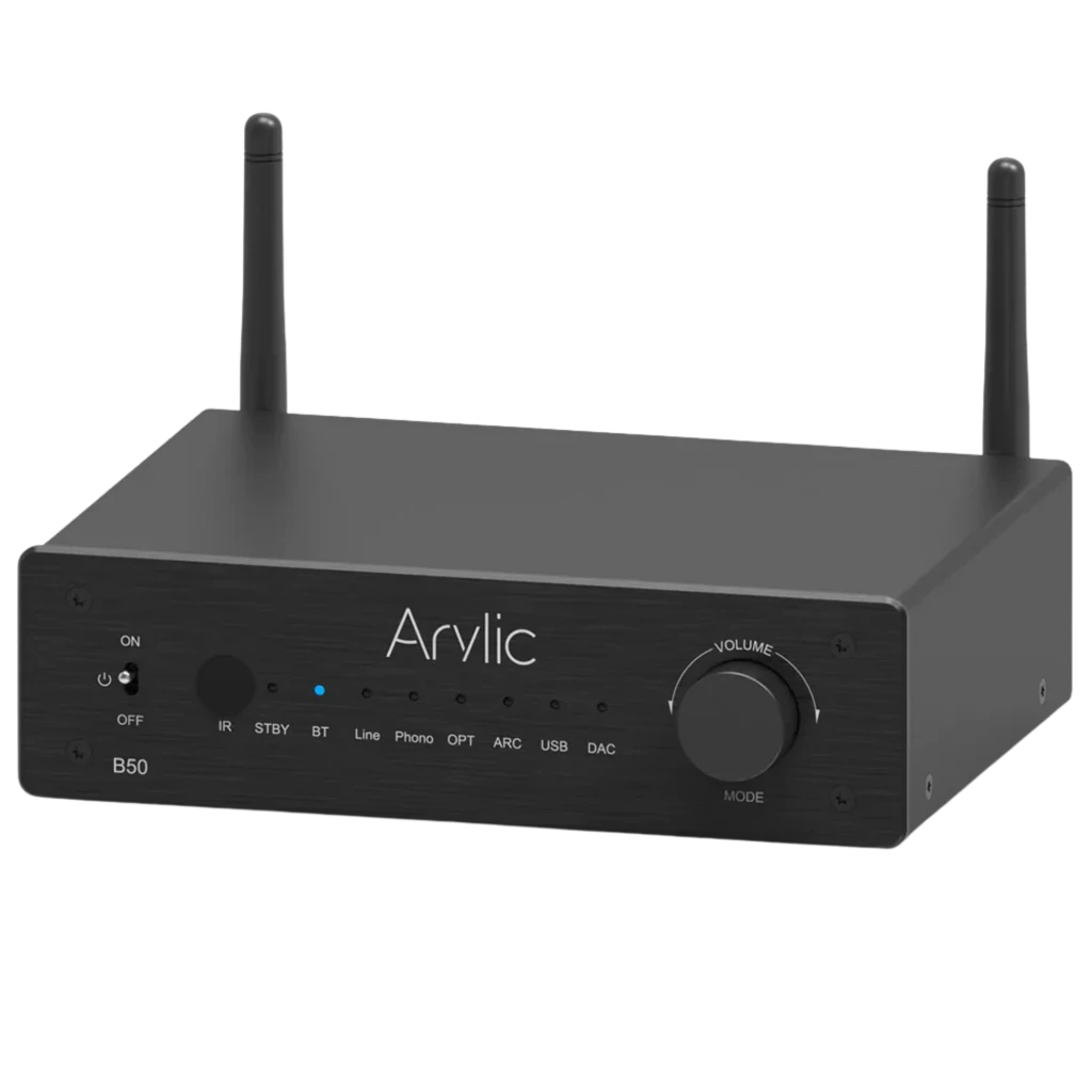Arylic B50 Amplificador Bluetooth 5.2 Negro con chasis metálico, dos antenas, perilla de volumen, selector de modo y puertos ARC, USB, óptico y línea
