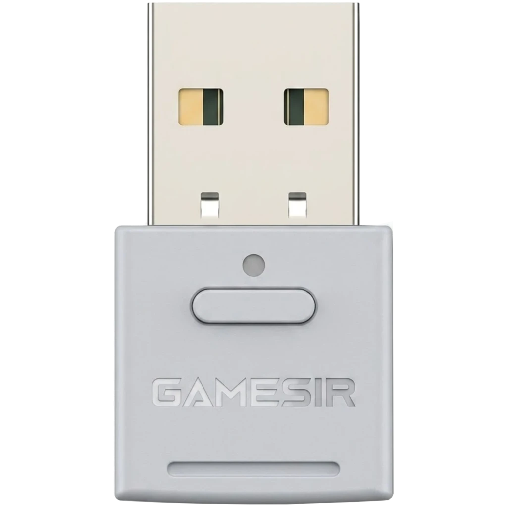 Adaptador Bluetooth para GameSir Nova 2 Lite en color gris, formato USB tipo A, carcasa compacta con botón frontal y logotipo GameSir en relieve
