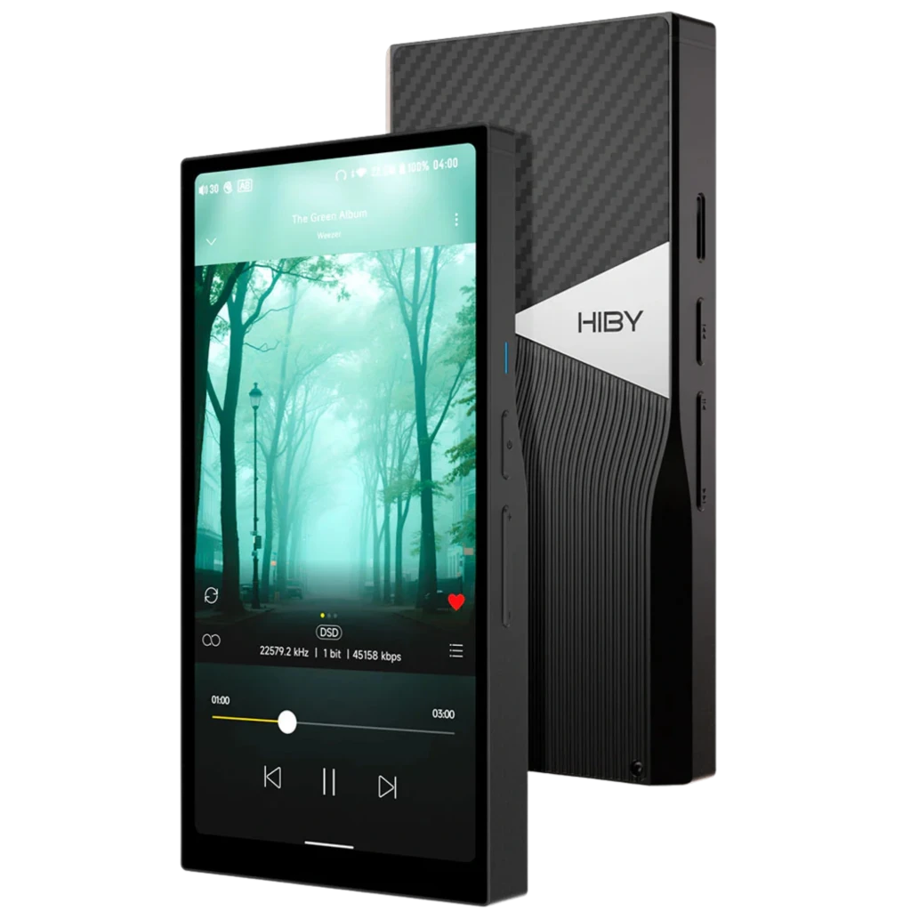 HiBy R6 Pro II 2025 reproductor Hi-Res portátil negro con pantalla grande, botones laterales, salida balanceada 4.4 mm y trasera con fibra de carbono