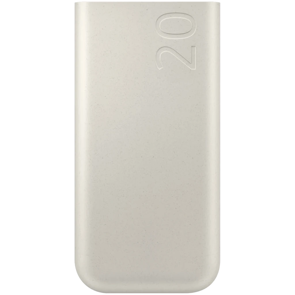 Samsung EB-P4520 Power Bank 20000 mAh 45 W 3x USB-C Beige con acabado mate, bordes redondeados y relieve 20 en la esquina superior, diseño compacto