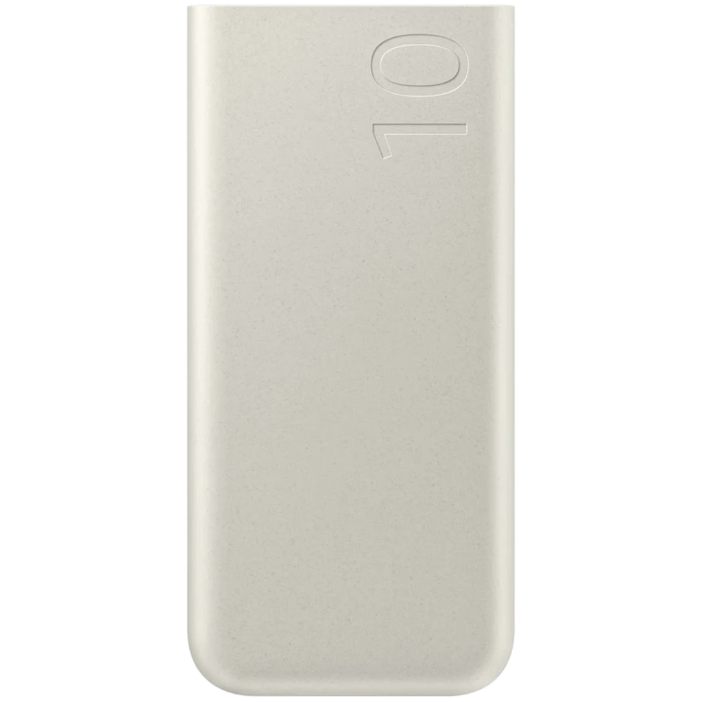 Batería externa beige con acabado mate, bordes redondeados y relieve 10 en la esquina superior; diseño minimalista y compacto de Samsung