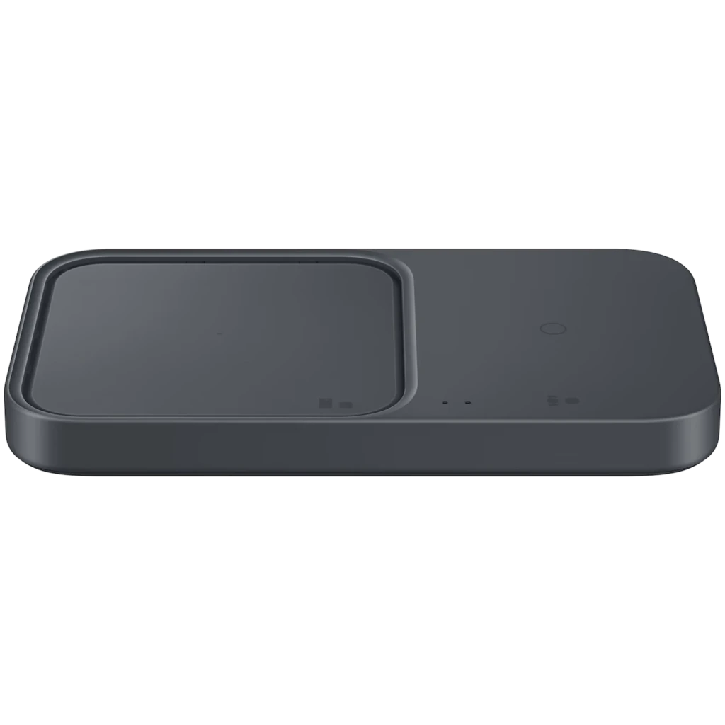 Samsung Super Fast Wireless Charger Duo 15W en gris oscuro, base rectangular de dos zonas con indicador LED y superficie antideslizante para carga Qi