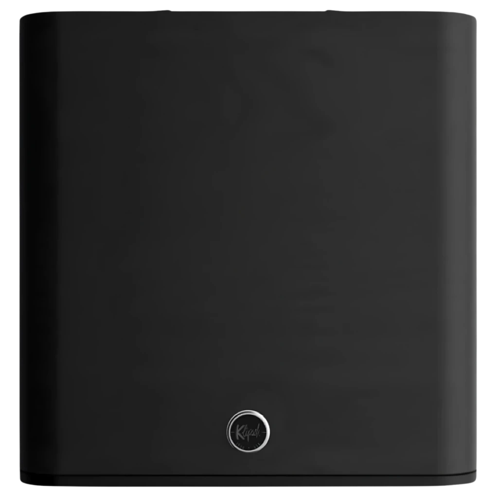 Klipsch Flexus Sub 100 80 W en negro mate, panel frontal liso con logotipo circular plateado en la base, diseño compacto y minimalista