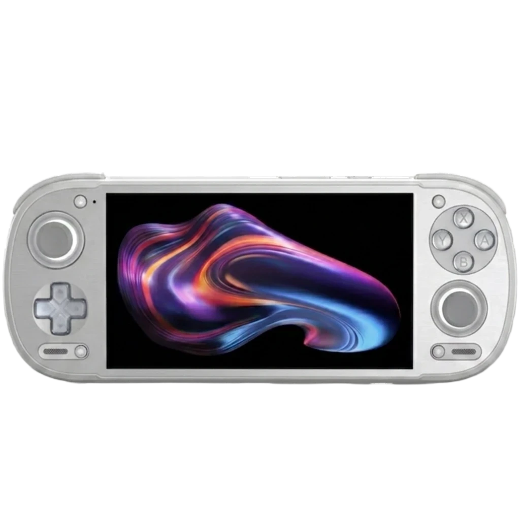Consola portátil plateada Retroid Pocket 6 Stick TOP 256 GB Silver Grey con gran pantalla central, cruceta izquierda, palanca y botones ABXY a la derecha