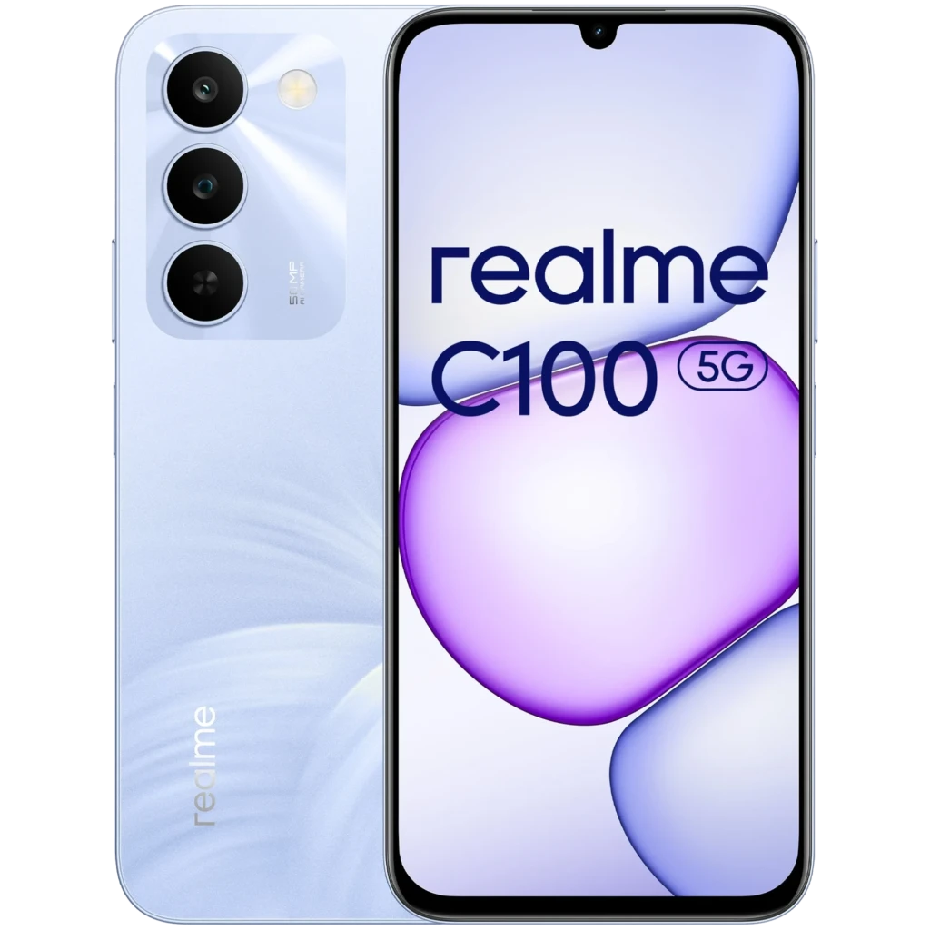 Smartphone Realme C100 5G morado con pantalla grande sin bordes, notch en forma de gota y triple cámara trasera alineada verticalmente con flash integrado