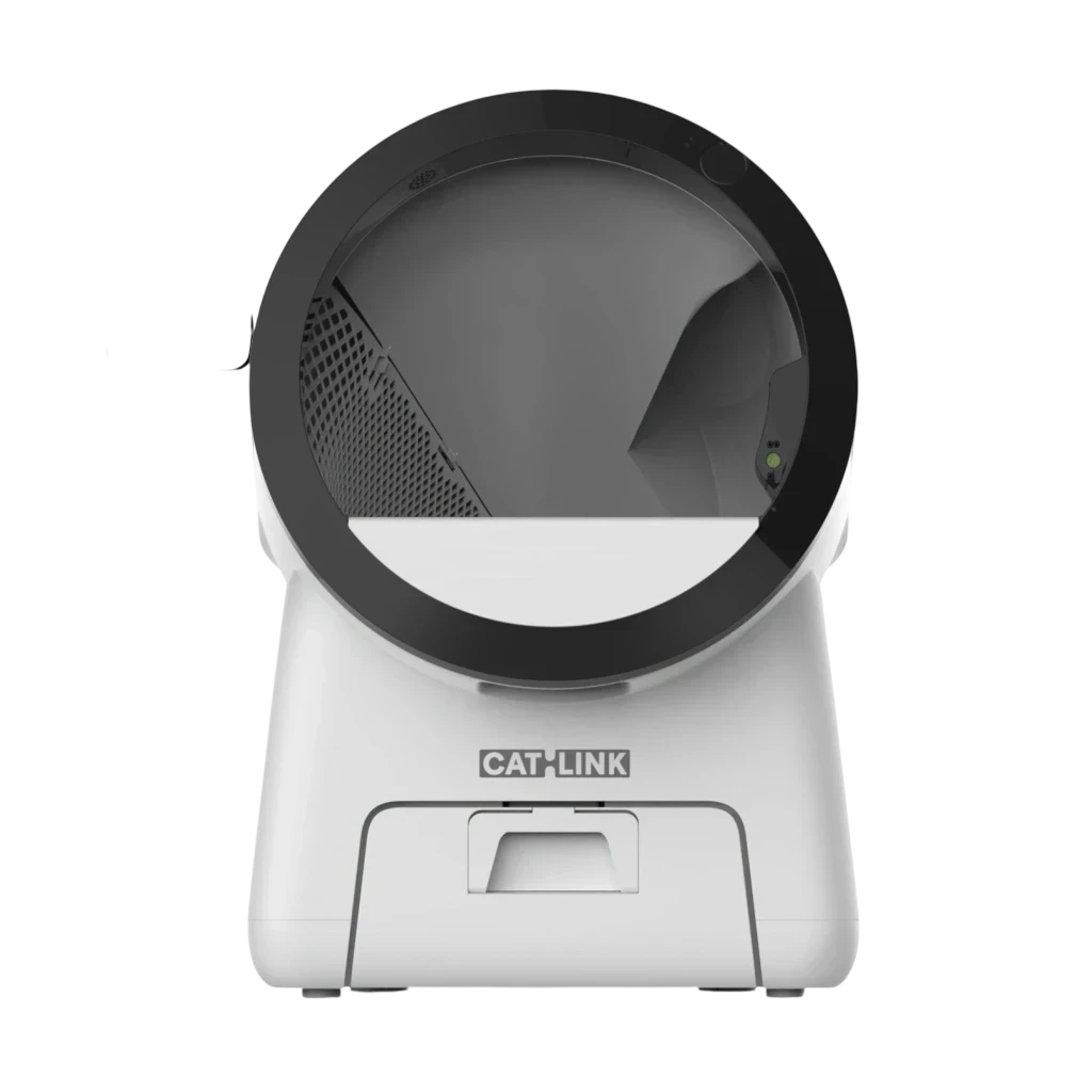Arenero autolimpiable blanco con tambor esférico negro, base robusta CAT-LINK, panel lateral ventilado, luz indicadora y entrada frontal para fácil acceso
