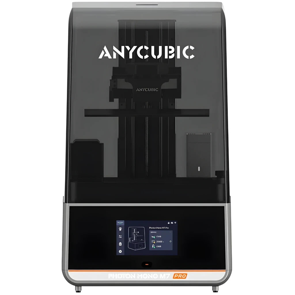 Anycubic Photon Mono M7 Pro - Impresora 3D de resina con cubierta ahumada, eje Z robusto, pantalla táctil frontal y base metálica blanca con logotipo Pro