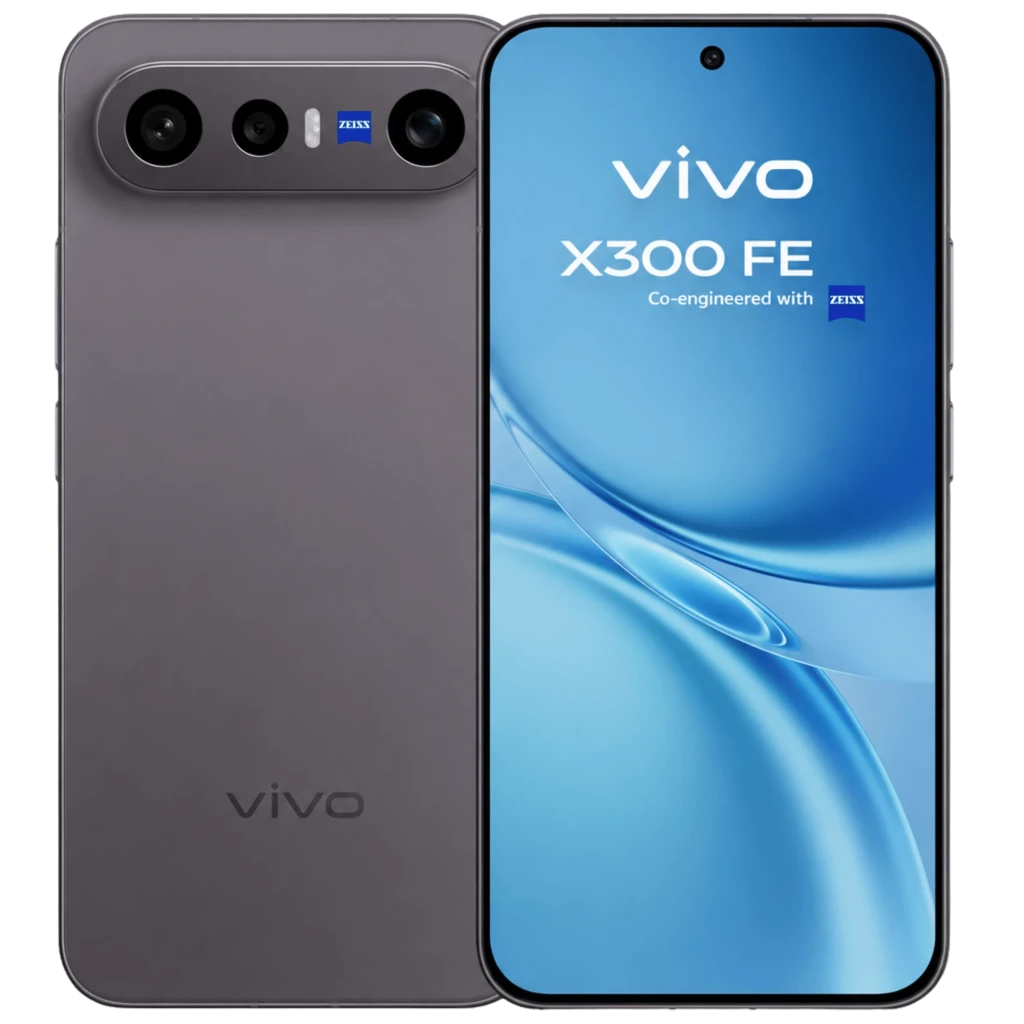 Vivo X300 FE 5G negro con pantalla frontal perforada y bordes mínimos, módulo trasero triple ZEISS horizontal y acabado mate elegante