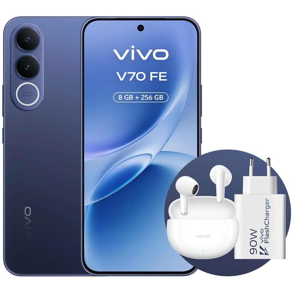 Vivo V70 FE 5G azul con pantalla amplia, doble cámara trasera y frontal perforada; incluye cargador 90W y auriculares inalámbricos en estuche blanco