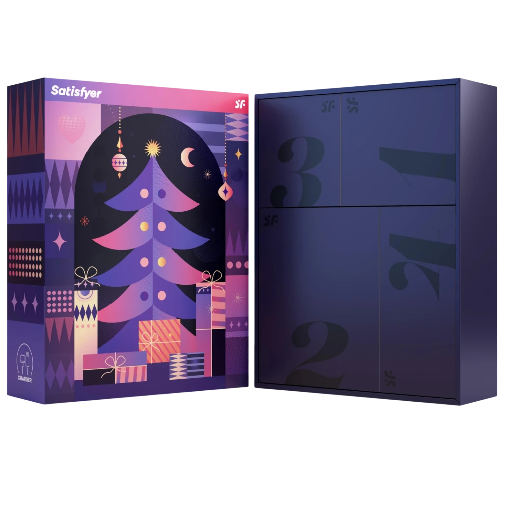 Caja Satisfyer Love Box estilo calendario de adviento en tonos morado y rosa, con árbol navideño ilustrado y compartimentos numerados 1, 2, 3, 4