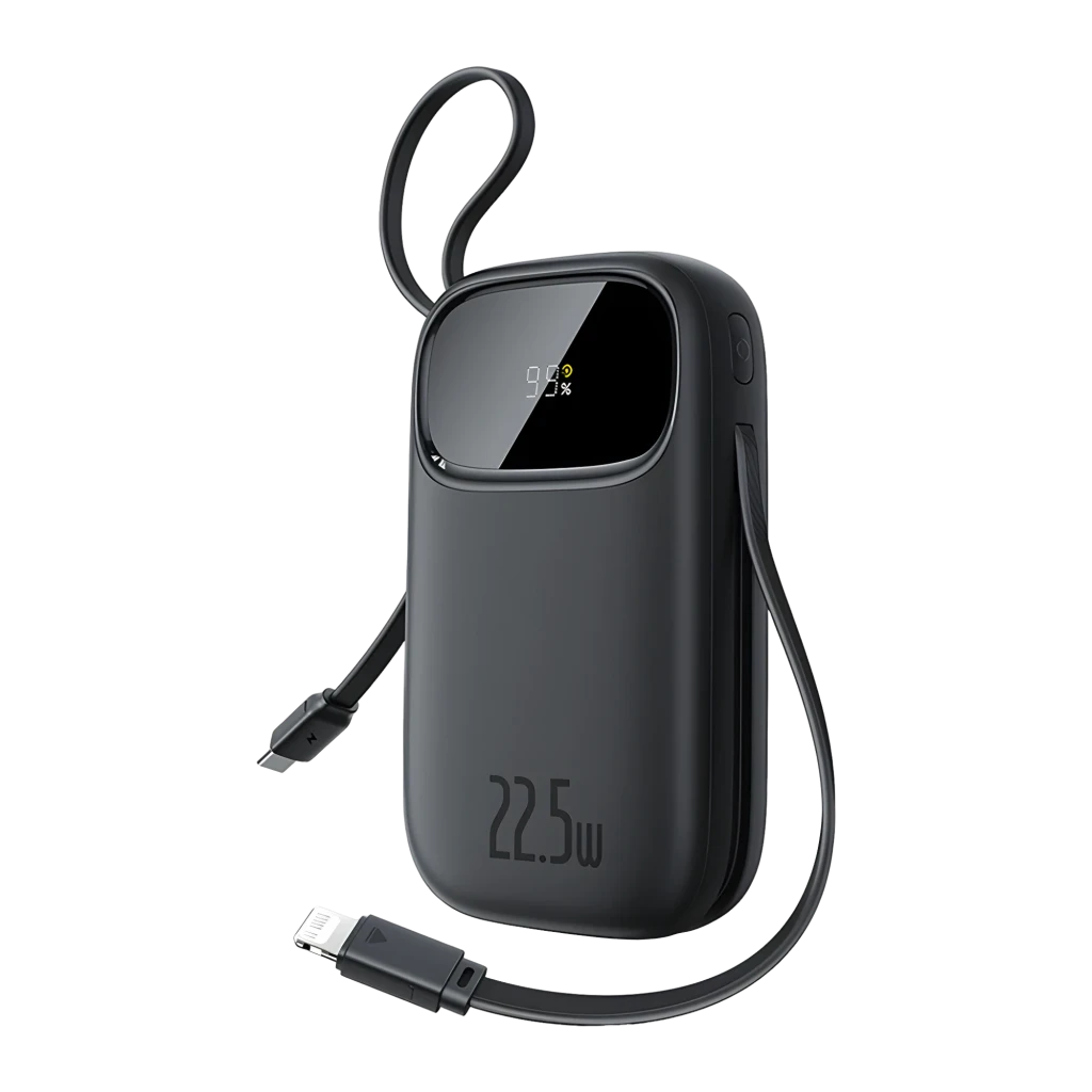 Power Bank Baseus EnerFill FC31 negro 20000mAh 22.5W con pantalla LED, cables integrados USB-C y Lightning, acabado mate y diseño compacto portátil
