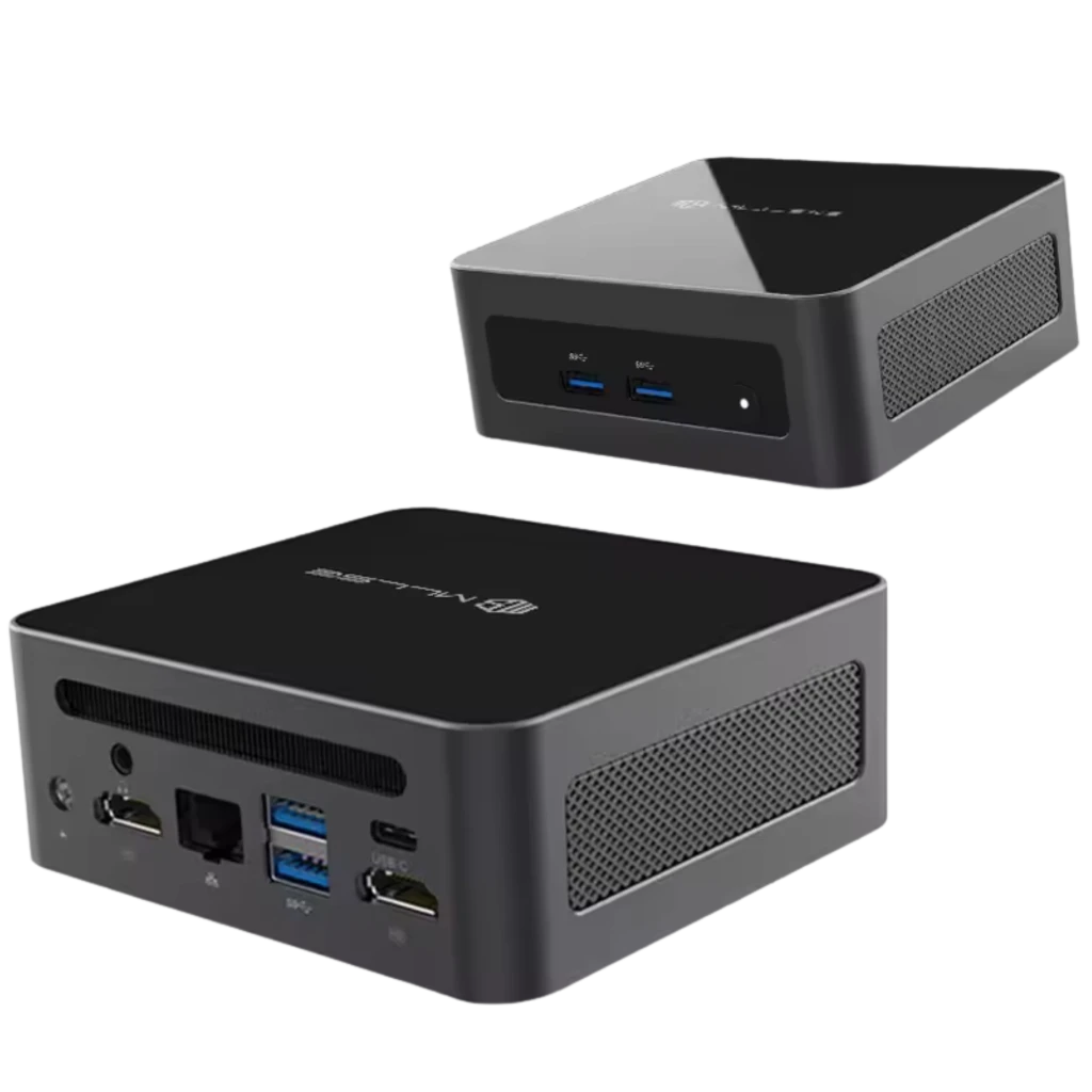 MLLSE M8 Mini PC compacto en negro, chasis metálico, rejillas laterales, puertos frontales USB y traseros HDMI, Ethernet y USB, diseño minimalista Windows 11