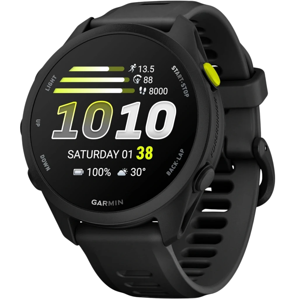 Reloj Garmin Forerunner 70 negro con pantalla AMOLED 1,2 pulgadas, correa de silicona perforada, botones laterales y esfera con métricas de actividad y