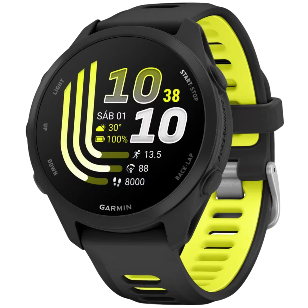 Garmin Forerunner 170 smartwatch negro con correa bicolor negro lima, pantalla AMOLED 1,2 pulgadas, botones laterales y bisel robusto deportivo