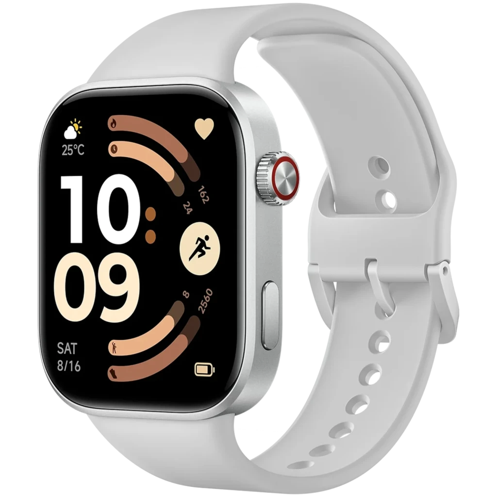 Xiaomi Redmi Watch 6 gris con pantalla AMOLED 2.07, caja metálica plateada y corona roja; correa de silicona perforada y pantalla con esferas fitness