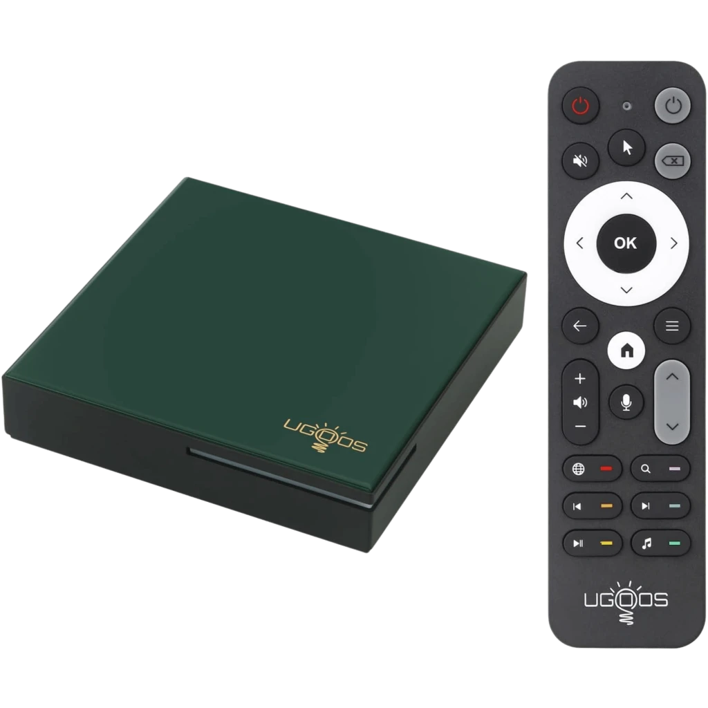 UGOOS SK4 Pro S905X5M-K TV Box 4K en verde oscuro con logo dorado y ranura frontal, acompañado de control remoto negro con botones multimedia y numéricos