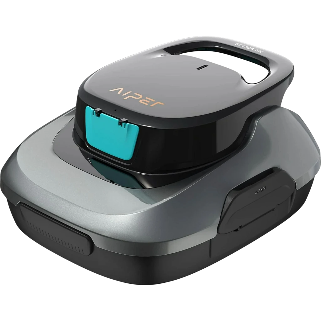 Aiper Scuba SE Robot Aspirador Inalámbrico Gris con cuerpo compacto bicolor, asa superior integrada y panel frontal con tapa turquesa, diseño moderno y