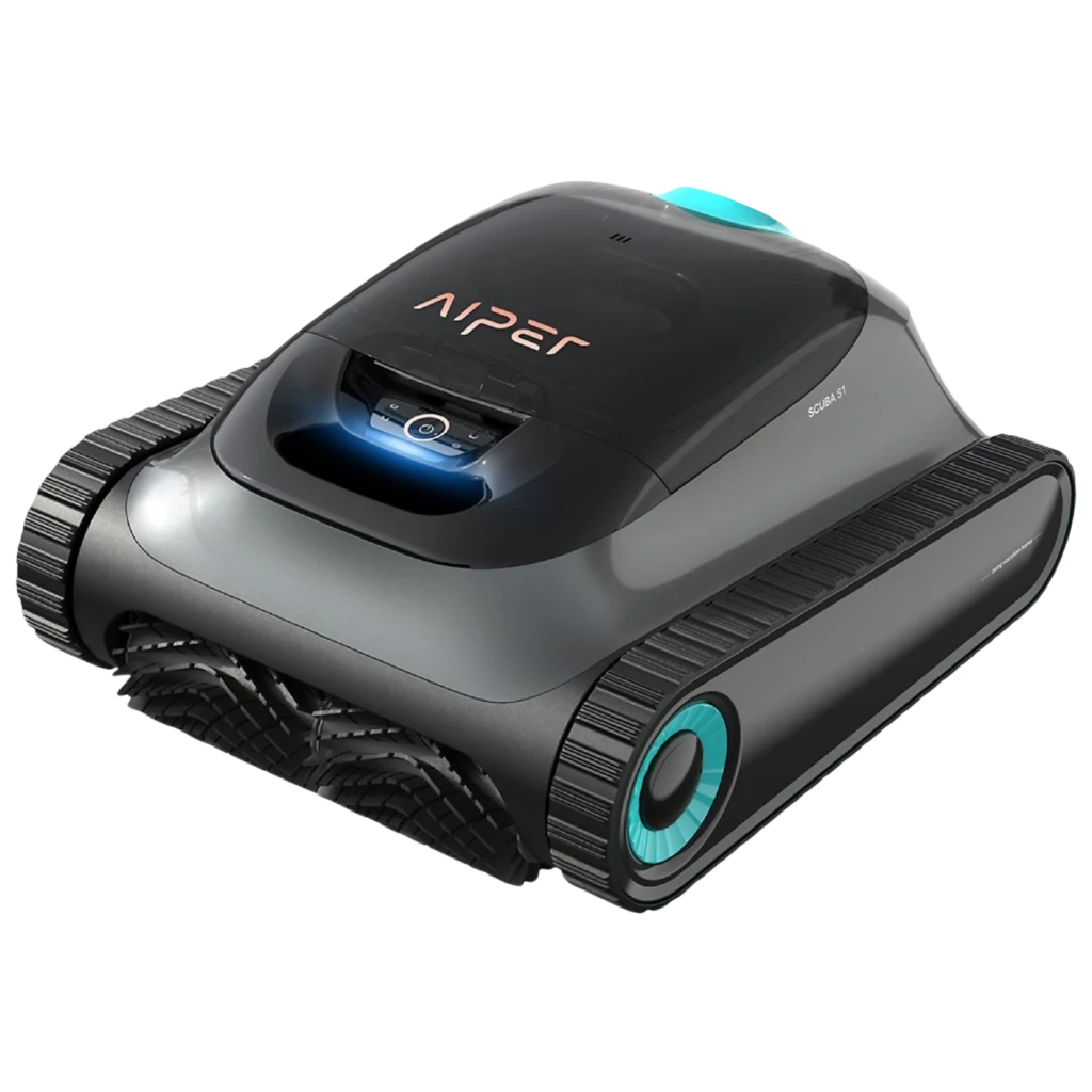 Aiper Scuba S1 2025 Robot Aspirador WavePath 2.0 con acabado gris, orugas laterales robustas, cepillos frontales en V y panel superior con botón iluminado