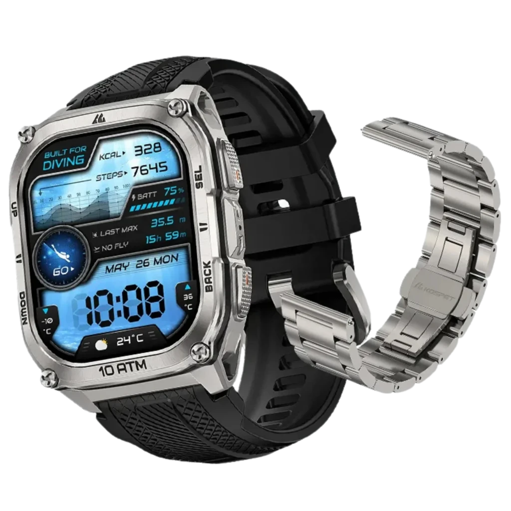 Kospet Tank M4 Special Edition smartwatch plateado, pantalla AMOLED 1,96 con esfera digital, correa de silicona negra y correa metálica extra, 10 ATM, GPS