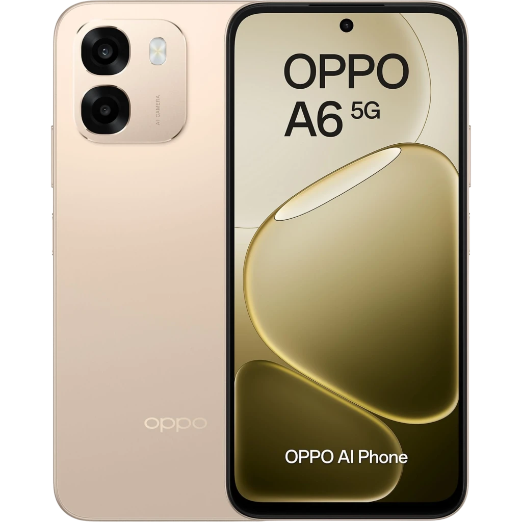 OPPO A6 5G 256 GB Aurora Gold, pantalla amplia con biseles finos, doble cámara trasera con anillos destacados, frontal con agujero para la cámara, diseño elegante