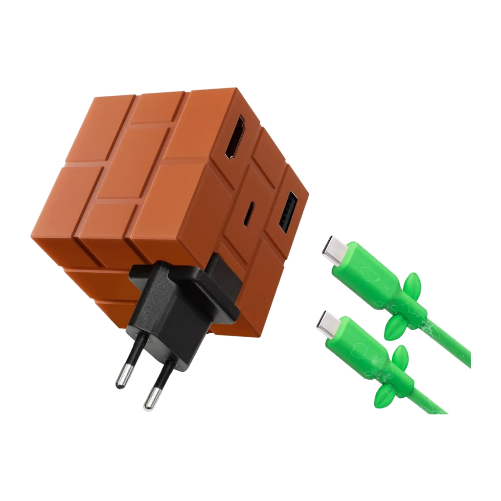 Cargador Powkong Pipe-dock Portable All-in-One GaN 65W USB-C PD en forma de bloque naranja con múltiples puertos y cable USB-C verde con adornos tipo hoja