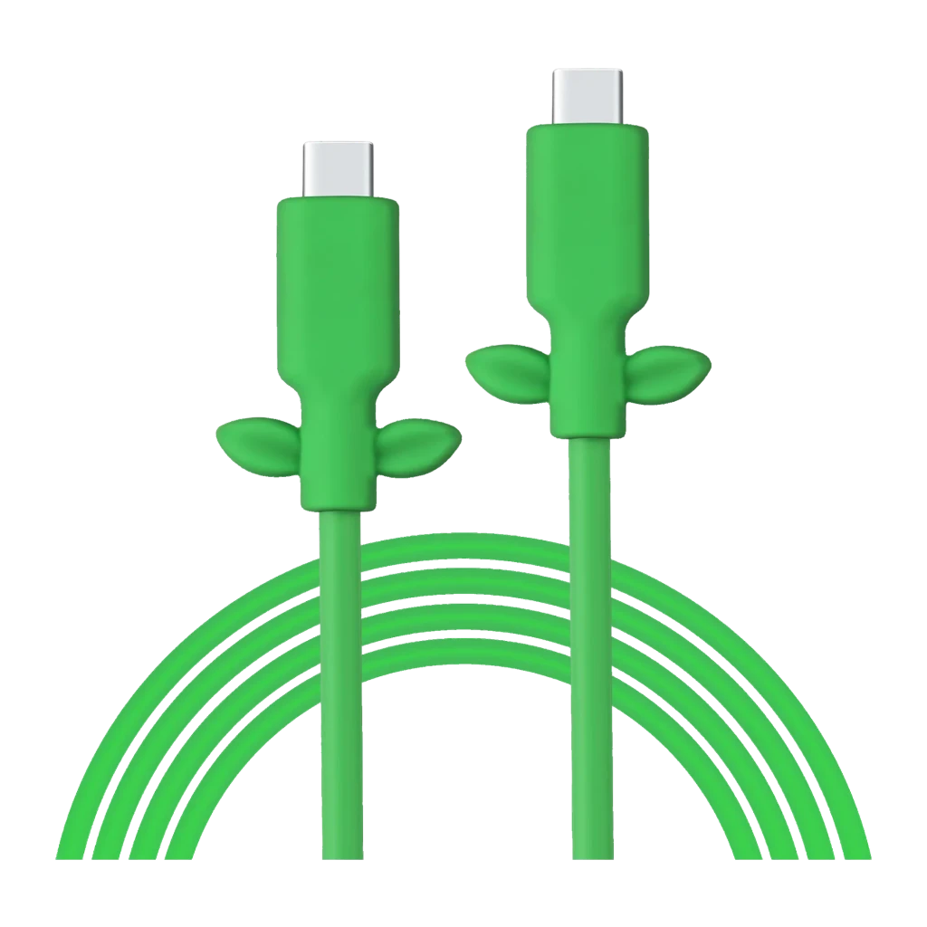 Cable Powkong Vine USB-C a USB-C verde con detalles tipo hojas, diseño flexible y resistente, admite carga rápida 240W y 65W, puntas reforzadas