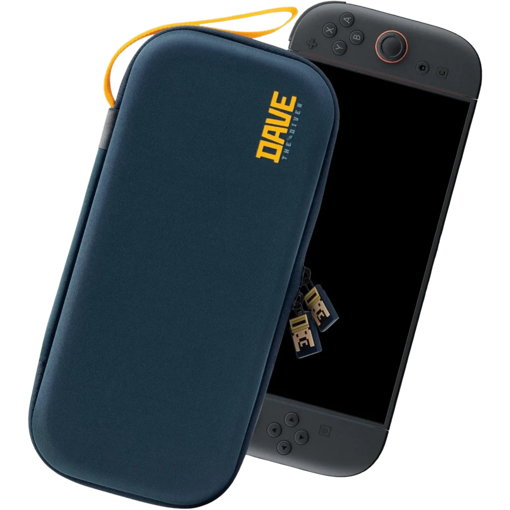 Estuche rígido azul con logo DAVE en amarillo, material EVA, cremallera doble con tiradores metálicos, correa amarilla y capacidad para 10 cartuchos de Switch