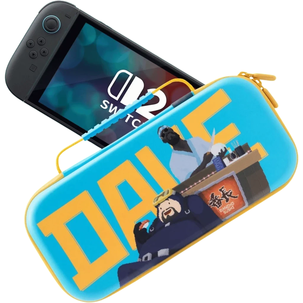 FUNLAB Funda Dave the Diver Azul Claro para Switch 2/1/OLED, rígida EVA con cremallera amarilla, diseño DAVE frontal y 10 ranuras para cartuchos