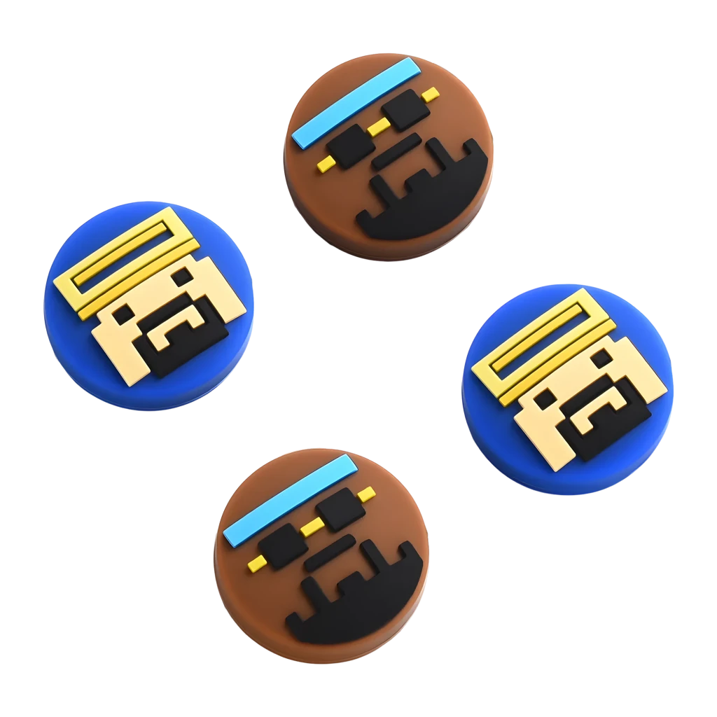 FUNLAB Switch 2 Thumb Grips Dave Collab Edition set de 4 grips para joystick con diseños pixel art en azul y marrón, textura antideslizante y relieve colorido