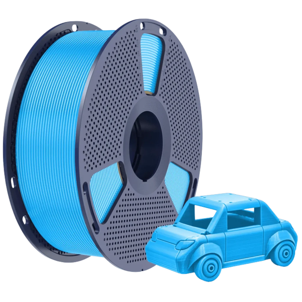 Bobina de filamento Sunlu PETG cyan 1.75 mm 1 kg ±0.02 mm con carrete negro ventilado y muestra impresa de auto azul mostrando acabado uniforme