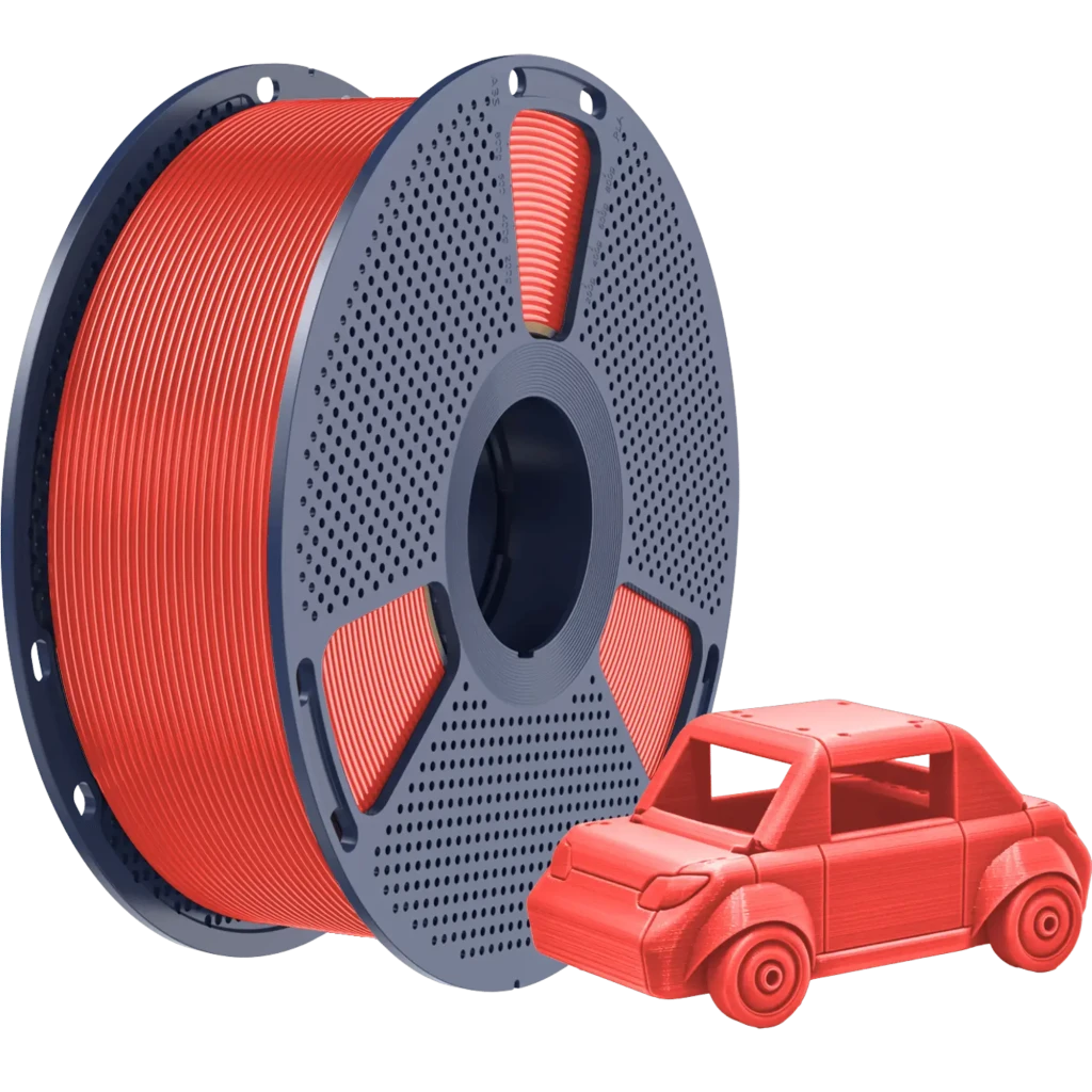 Bobina de filamento PETG rojo Sunlu 1.75 mm 1 kg con carrete gris perforado y muestra de impresión en forma de auto, acabado brillante y uniforme