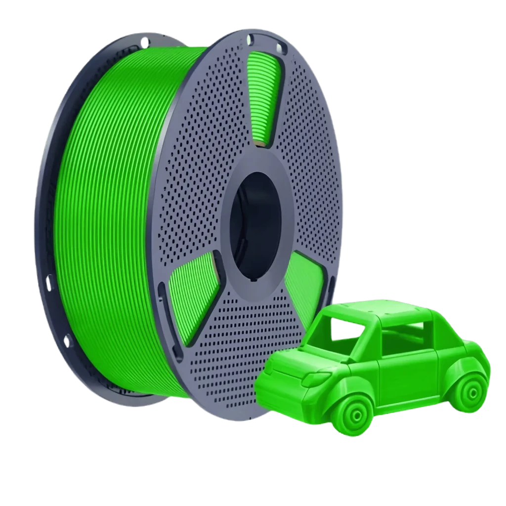 Filamento Sunlu PETG verde 1.75 mm 1 kg ±0.02 mm con bobina gris ventilada y muestra de impresión en forma de coche, acabado brillante y uniforme