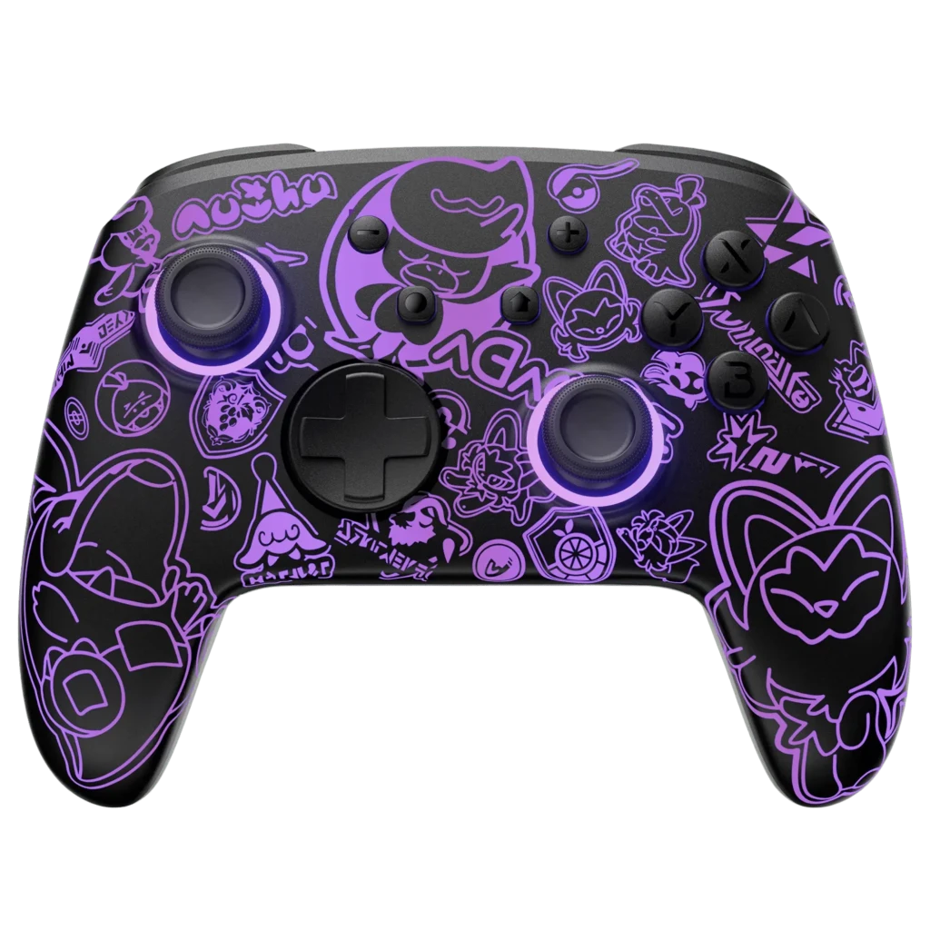 Mando Funlab Firefly Pro edición Scarlet & Violet con carátula negra y gráficos morados, sticks y botones iluminados RGB, cruceta metálica y agarres