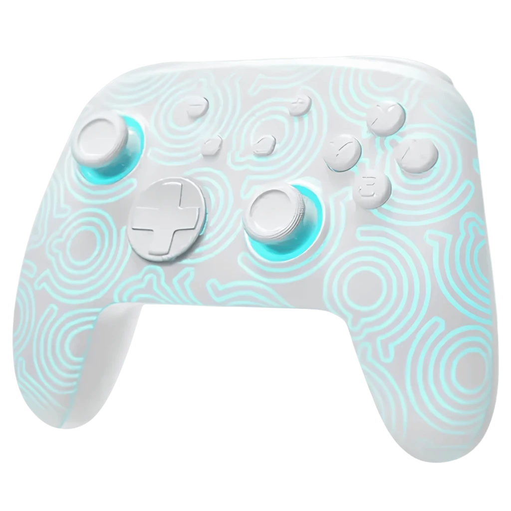 Mando inalámbrico FUNLAB Firefly Pro - Edición Kakariko RGB en color blanco con patrones tribales brillantes turquesa, sticks y cruceta blancos iluminados