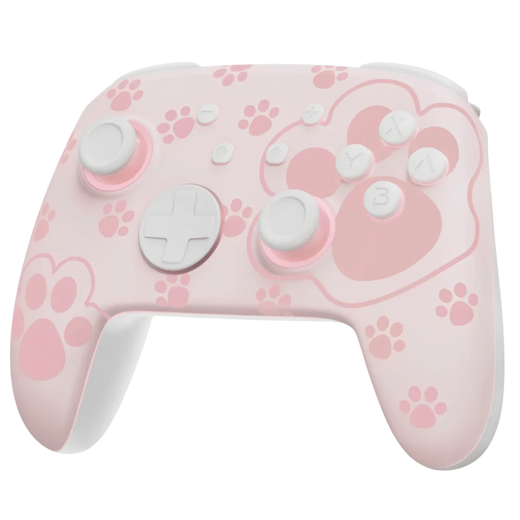 Mando inalámbrico FUNLAB Firefly Pro - Edición Cat Paw RGB en rosa pastel, con huellas de gato, botones y sticks blancos, diseño ergonómico y detalles RGB