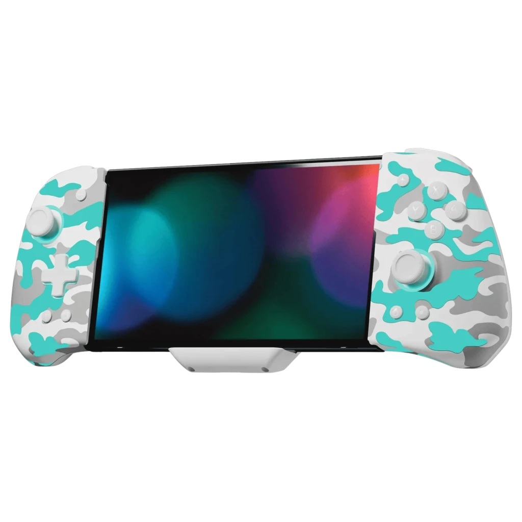 Gripcon inalámbrico para Switch con diseño camuflaje blanco y turquesa, joysticks simétricos, botones frontales y soporte central para estabilidad