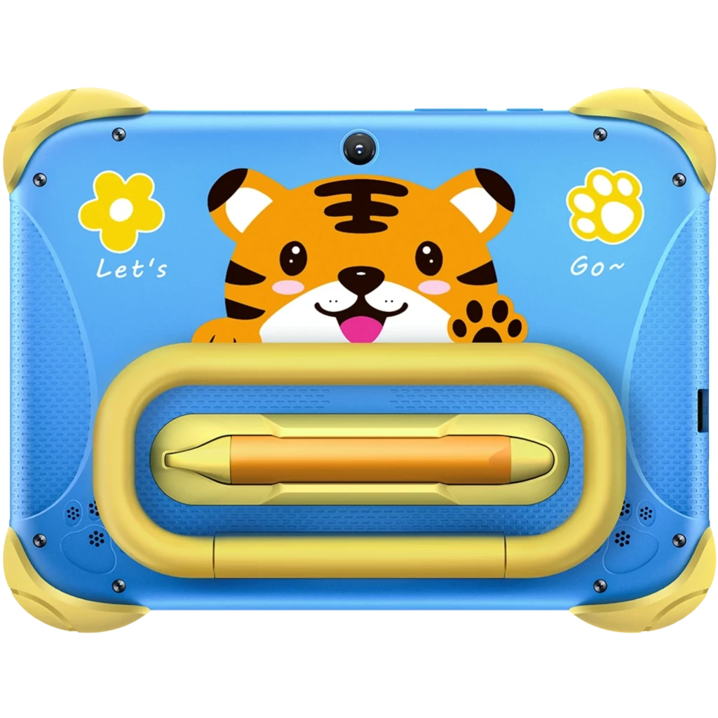 Tableta infantil azul con funda protectora y asa, diseño de tigre, cámara trasera, stylus amarillo integrado y esquinas reforzadas para niños