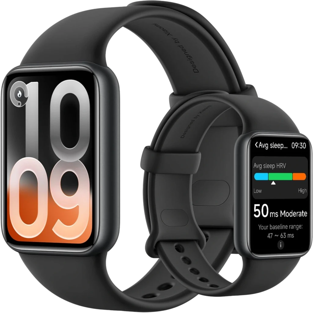 Xiaomi Smart Band 10 Pro negra con pantalla AMOLED 1,74, cuerpo rectangular, correas de silicona, bisel fino y vista de métricas de sueño y actividad