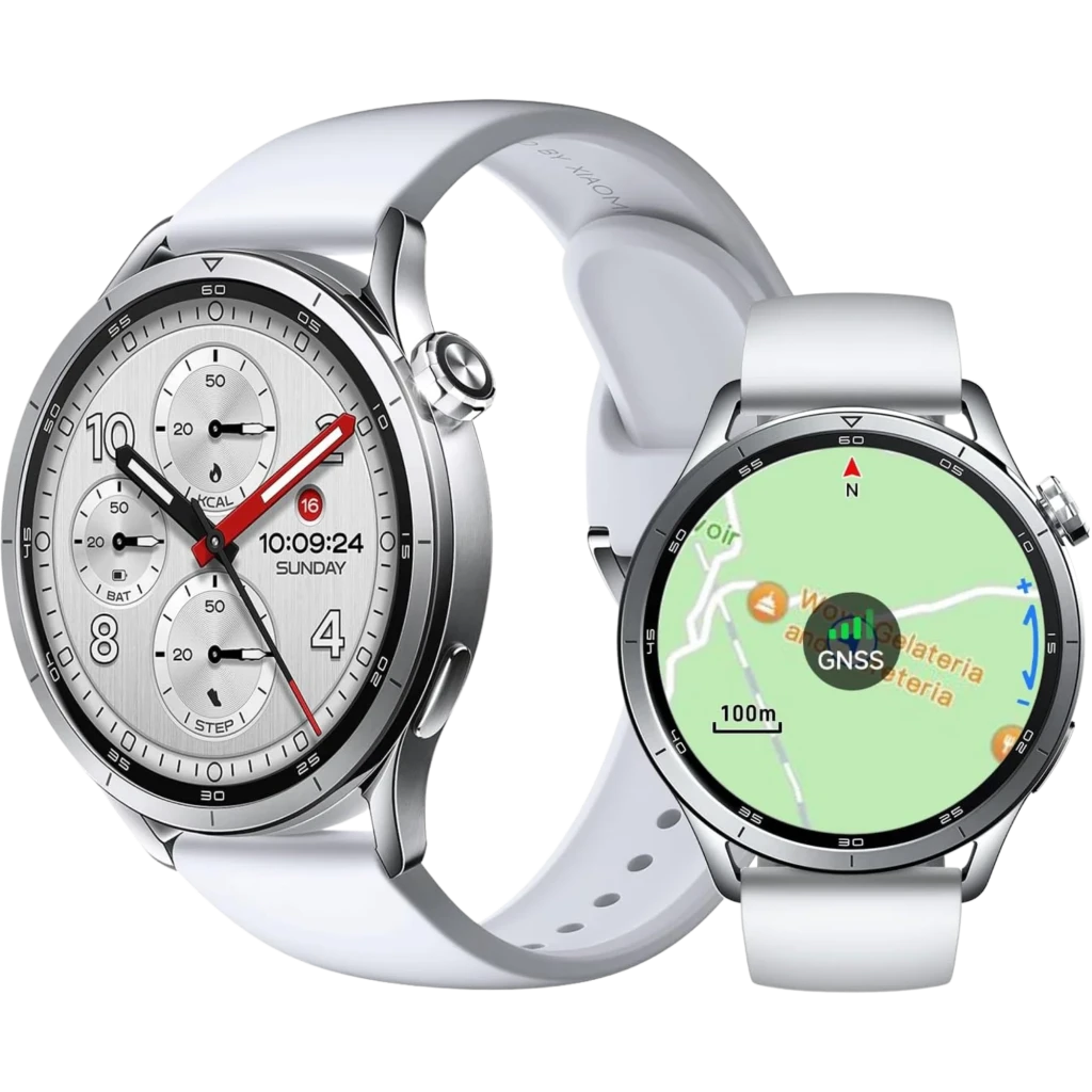 Xiaomi Watch S5 46mm en plata con correa blanca; caja metálica redonda, bisel pulido, pantalla AMOLED 1,48 con esfera analógica y vista de mapa GPS