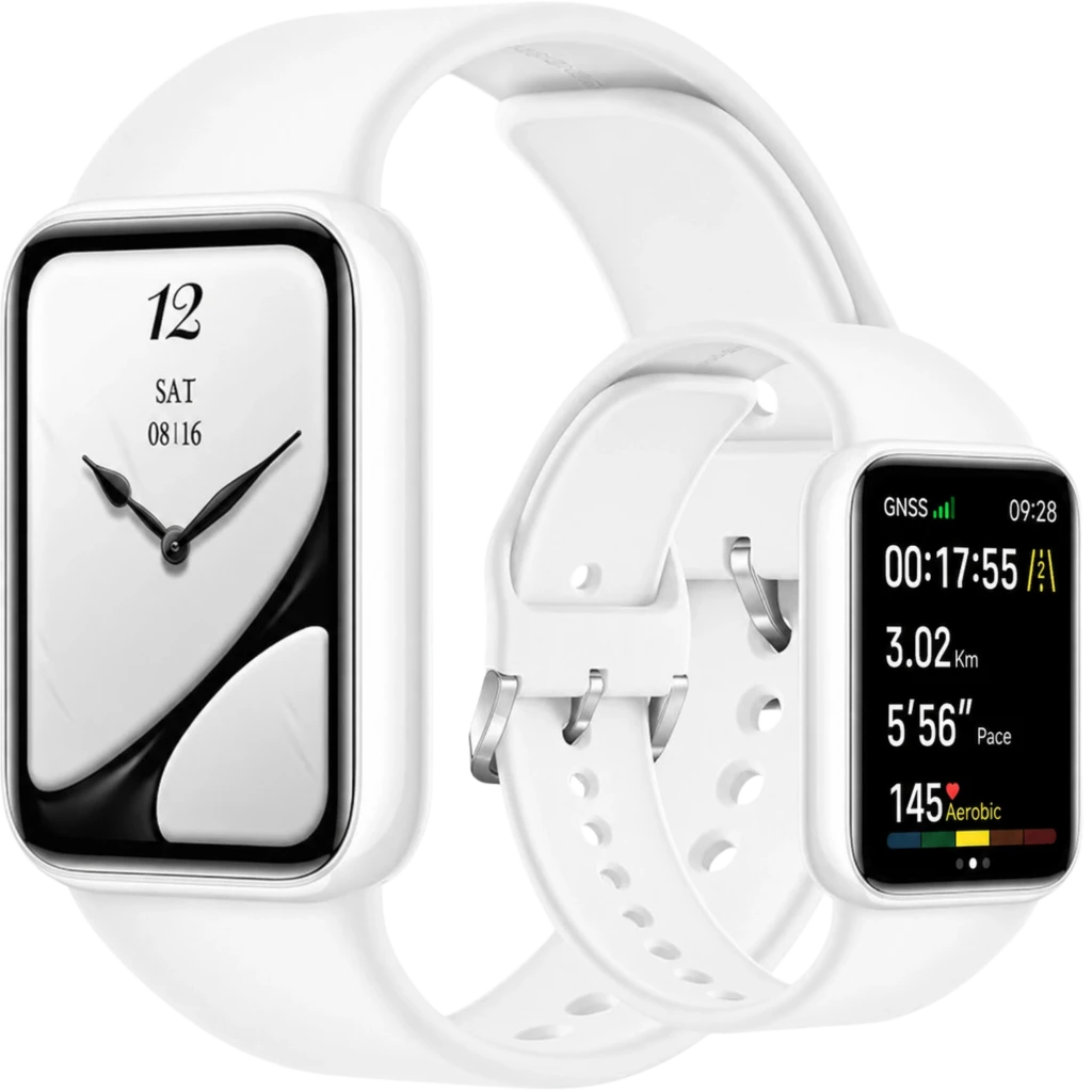 Xiaomi Smart Band 10 Pro blanca con pantalla AMOLED 1,74 pulgadas; diseño rectangular, correa de silicona perforada y dos esferas: minimalista y deportiva