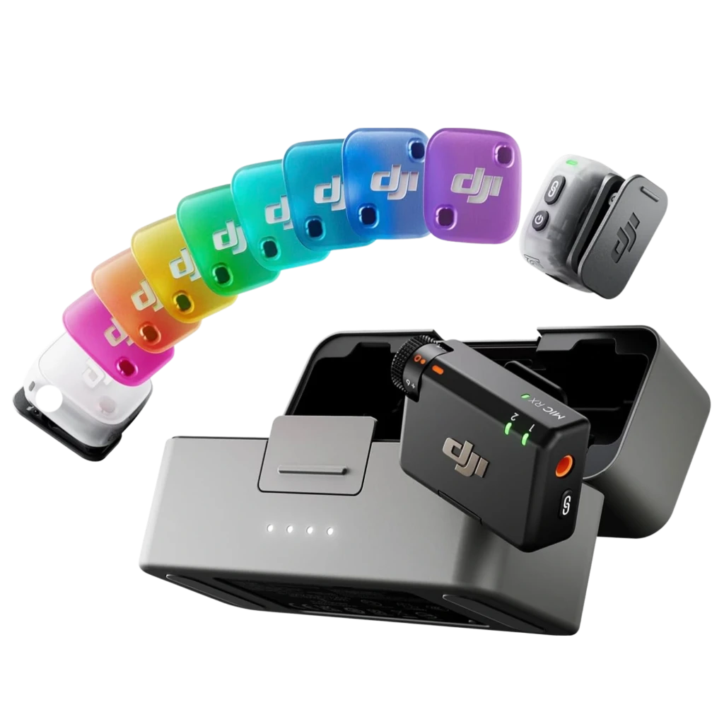 DJI Mic Mini 2 kit: estuche cargador gris con RX y 2 TX negros, clip magnético, rueda de ganancia, LEDs de estado y tapas de colores intercambiables