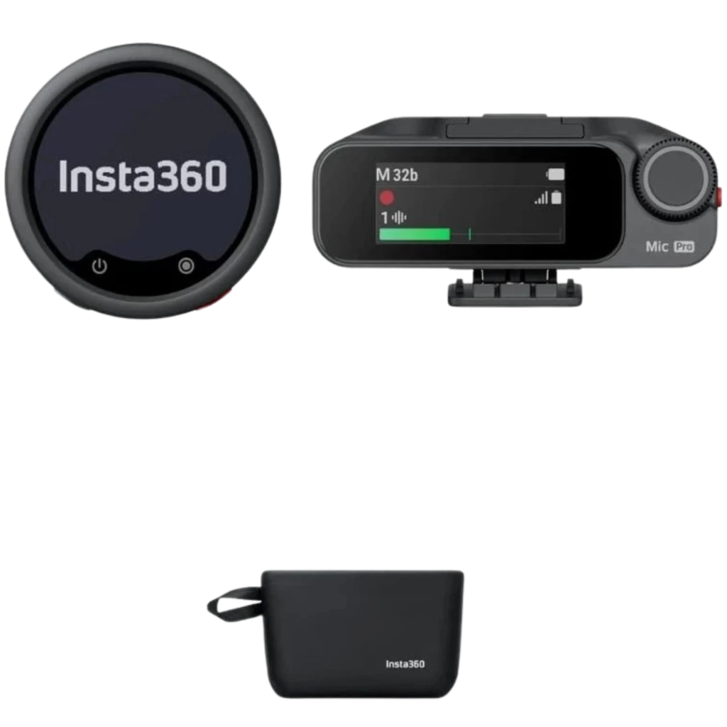 Insta360 Mic Pro Micrófono Inalámbrico 32-bit Float con transmisor compacto con pantalla M32b, receptor con clip y estuche negro con cierre zip