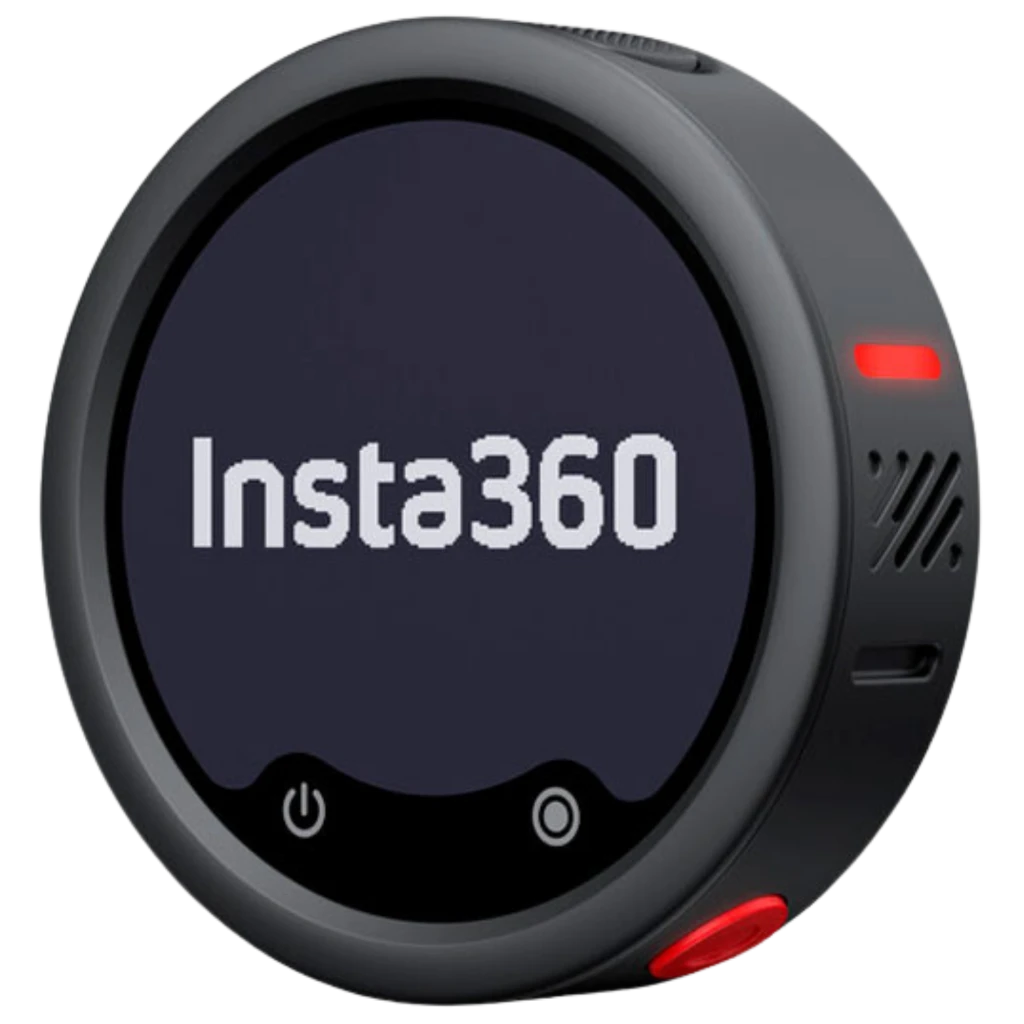 Insta360 Mic Pro Transmitter MC110 micrófono inalámbrico negro grafito, diseño circular compacto con pantalla frontal, botón de encendido y luces LED