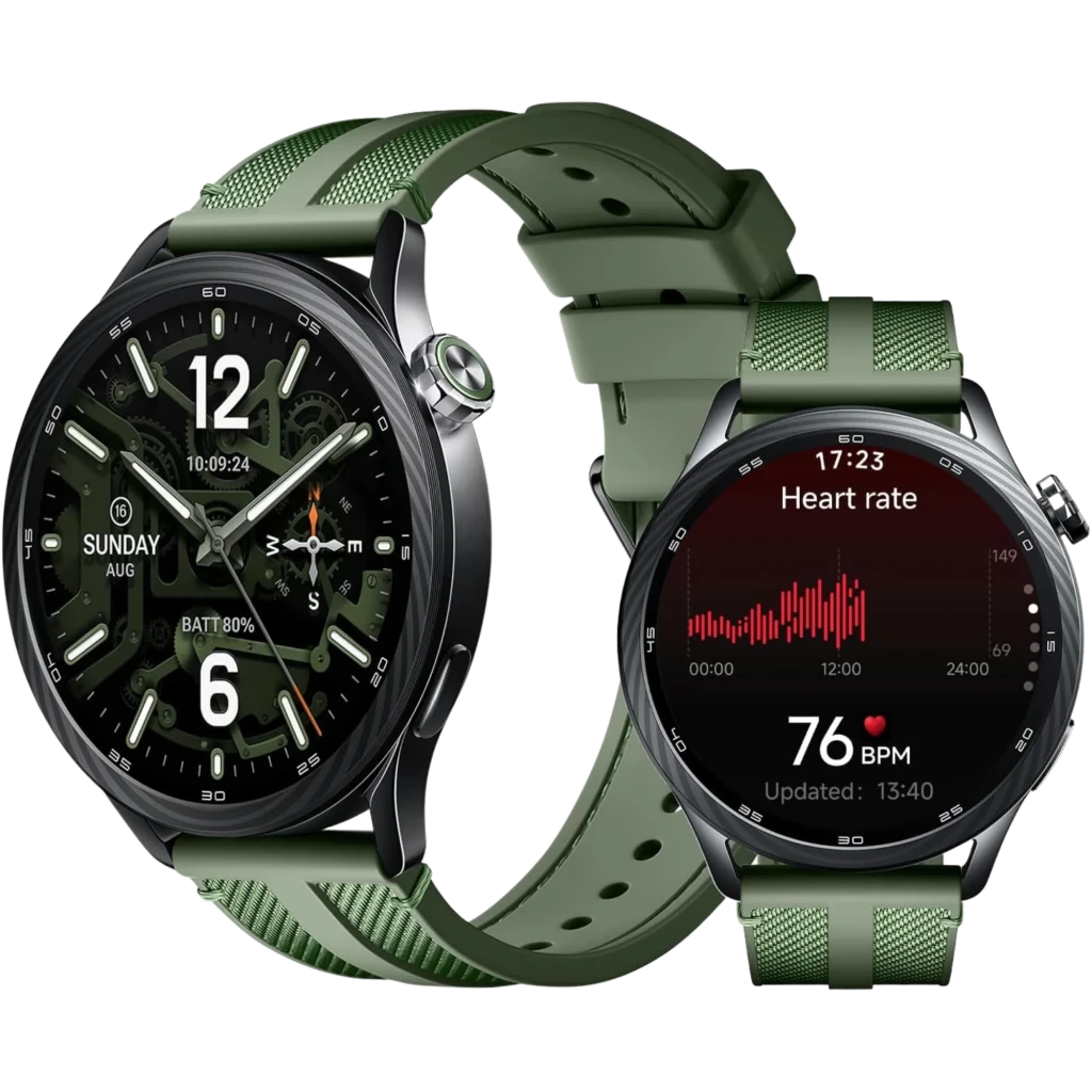 Xiaomi Watch S5 46mm verde jungla con pantalla AMOLED 1,48, correa perforada, bisel metálico oscuro y esfera deportiva con dígitos grandes y sensores de salud
