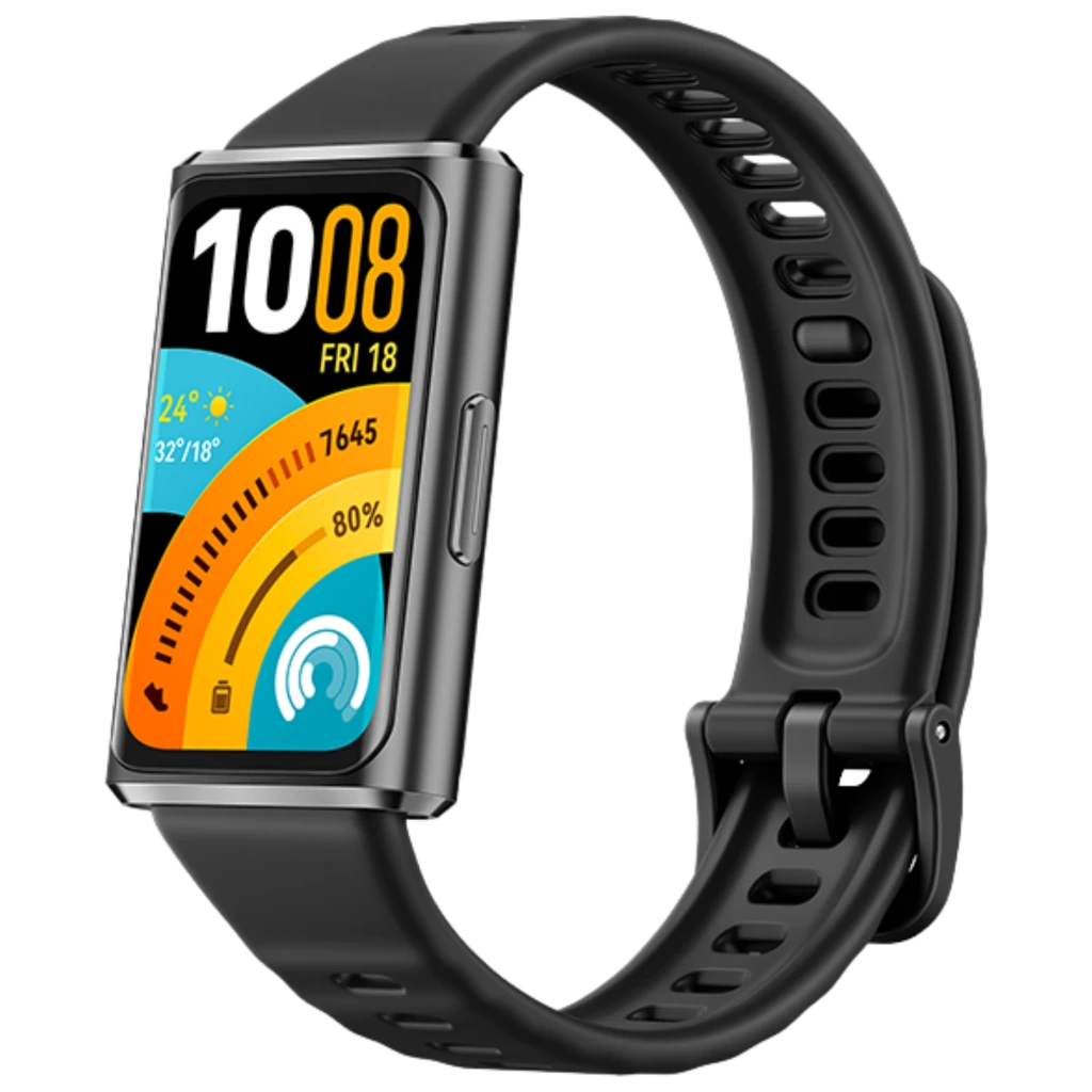 Huawei Band 11 Pro pulsera negra con pantalla AMOLED 1,62 pulgadas, cuerpo metálico, correa perforada ajustable y esfera colorida con métricas de actividad