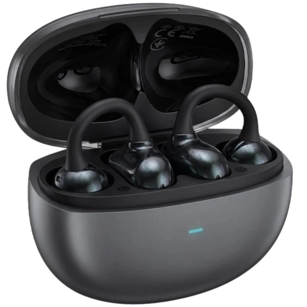 Black Shark C3 Negro - Auriculares Bluetooth Open Ear con gancho ergonómico, acabado metálico oscuro y estuche de carga gris con luz LED indicador