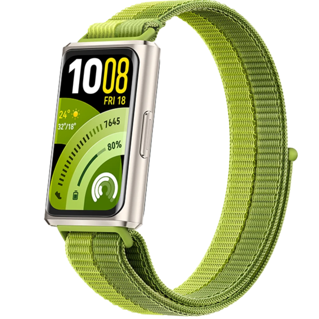 Huawei Band 11 Pro verde con pantalla AMOLED 1,62, correa textil ajustable, caja metálica plateada, botón lateral y esfera con indicadores de actividad y