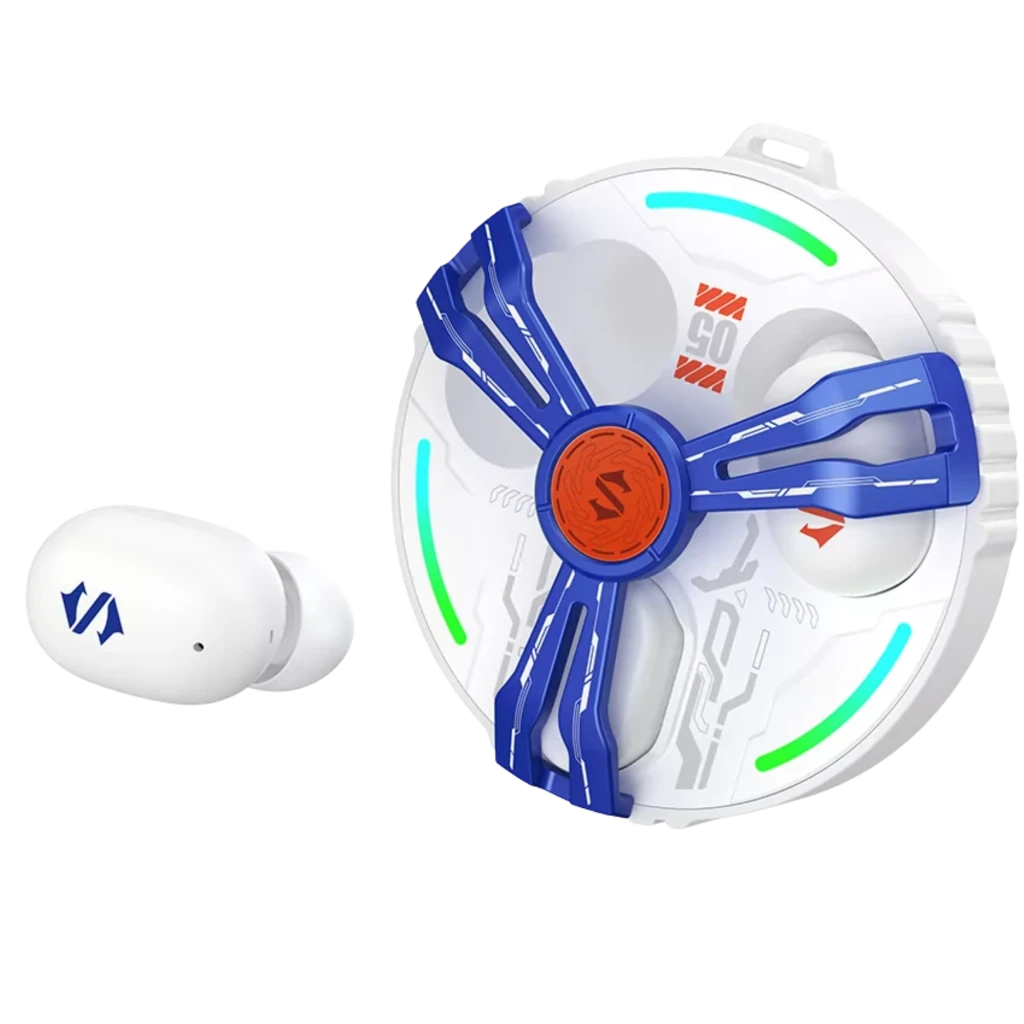 Black Shark Rokas 5 Inalámbricos Bluetooth ANC Blanco con estuche circular blanco estilo turbina, detalles azules y luces LED verdes; audífono intraaural